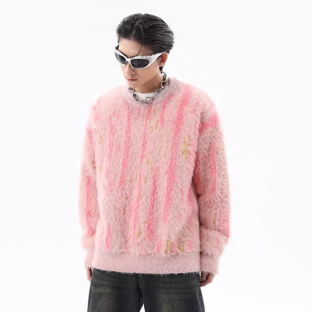 High Street Contrast Color Vertical Stripes Round Neck Autumn Winter Retro Lazy And Loose Mink like Sweater Pink - Shop at LoveMi