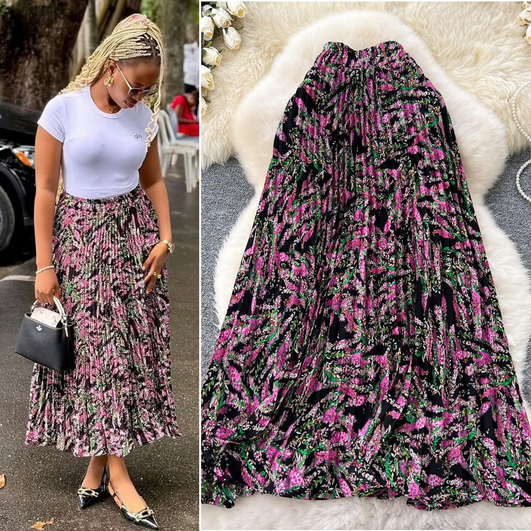 New Flowing A-line Skirt With Draped Pleats And A Delicate Floral Print