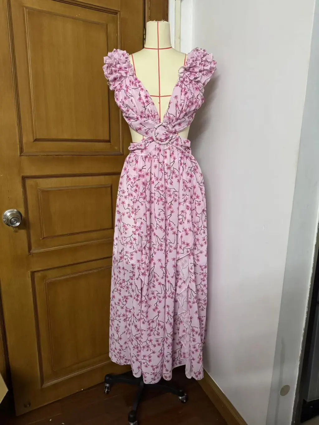 Autumn European And American Fashion Casual Home Floral Backless Dress Women - Pink