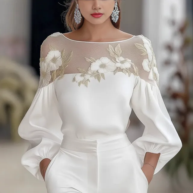 Long Sleeve Round Neck Mesh Stitching Digital Printed Chiffon Shirt Top White - Shop at LoveMi