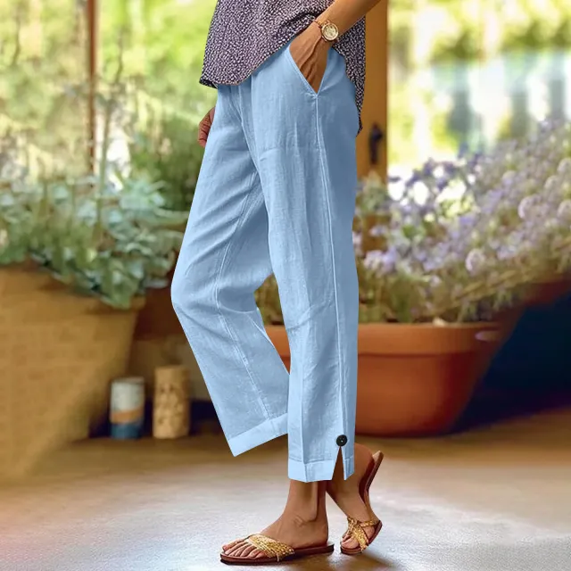 Cotton And Linen Loose Pure Color Elastic Waist Pocket Straight Casual Pants Light Blue - Shop at LoveMi
