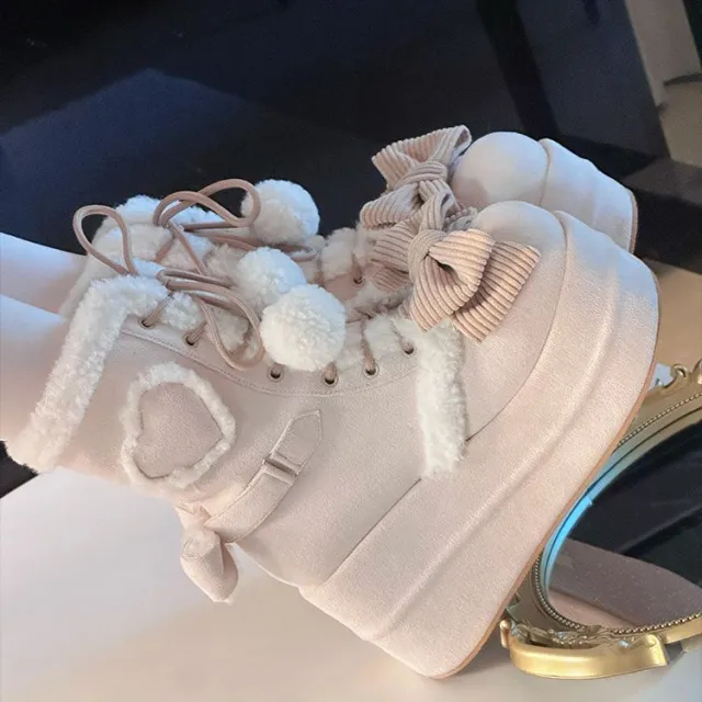 Autumn And Winter New Thick Bottom Sweet Soft Girl Cute Fur Ball Boots Beige - Shop at LoveMi