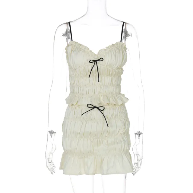 Womens Chiffon Pleated Short Skirt Set With Straps Apricot - Shop at LoveMi
