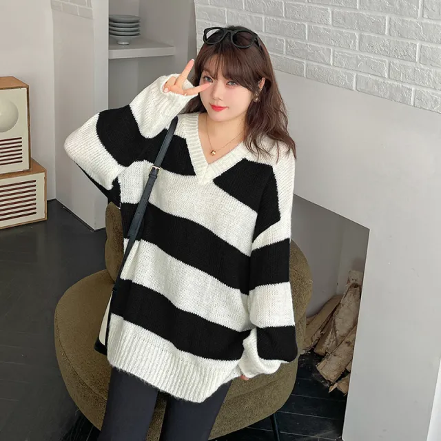 Large Striped Loose Large Sweater Black - Shop at LoveMi
