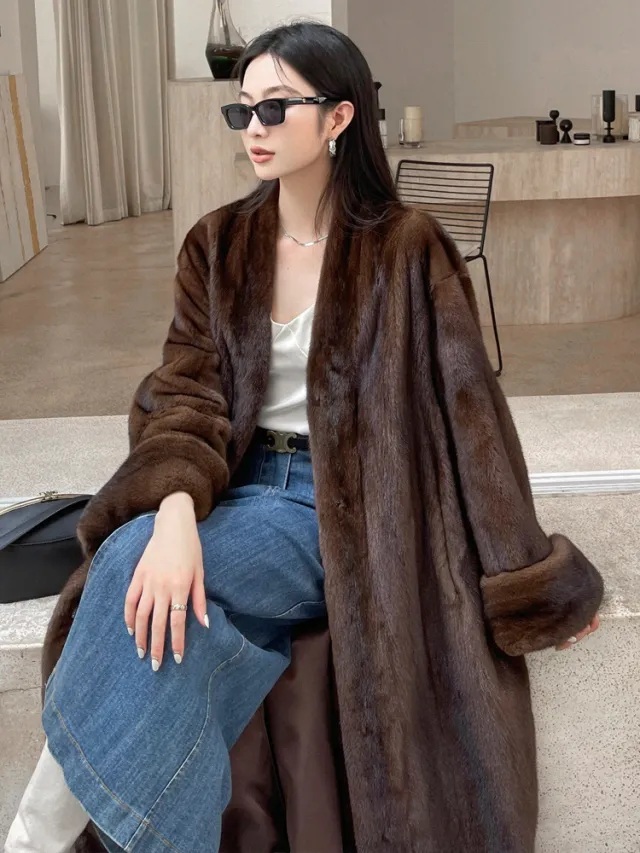 Vintage Mink Coat Caramel Color V neck Elongated Style Women's Maroon - Shop at LoveMi