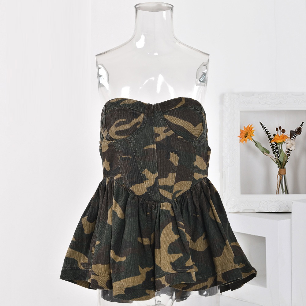 Camouflage Tube Top Women's Ruffled Fitted High Waist Niche Sleeveless Vest