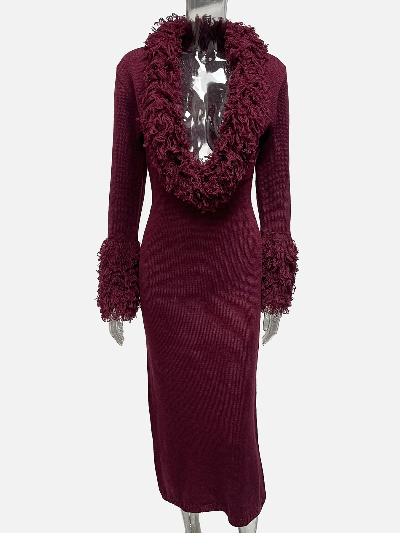 Women's Fringed Design Deep V neck Solid Color Long Sleeve Knitted Maxi Dress Wine - Shop at LoveMi