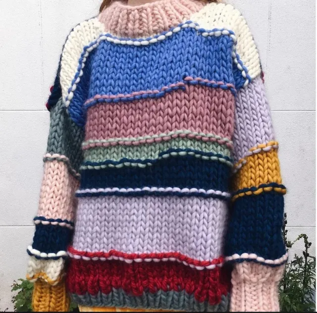 Hand woven Rainbow Striped Contrast Color Sweater Coat - Shop at LoveMi