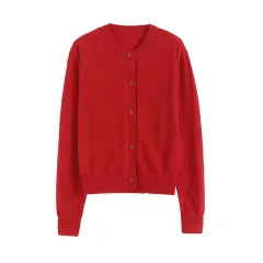 Blended Short Round Neck Knitted Cardigan Jacket - View 1