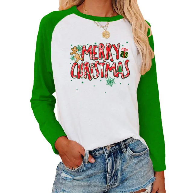 Christmas Pattern Printed Raglan Color Contrast Long Sleeve T shirt Women Green - Shop at LoveMi