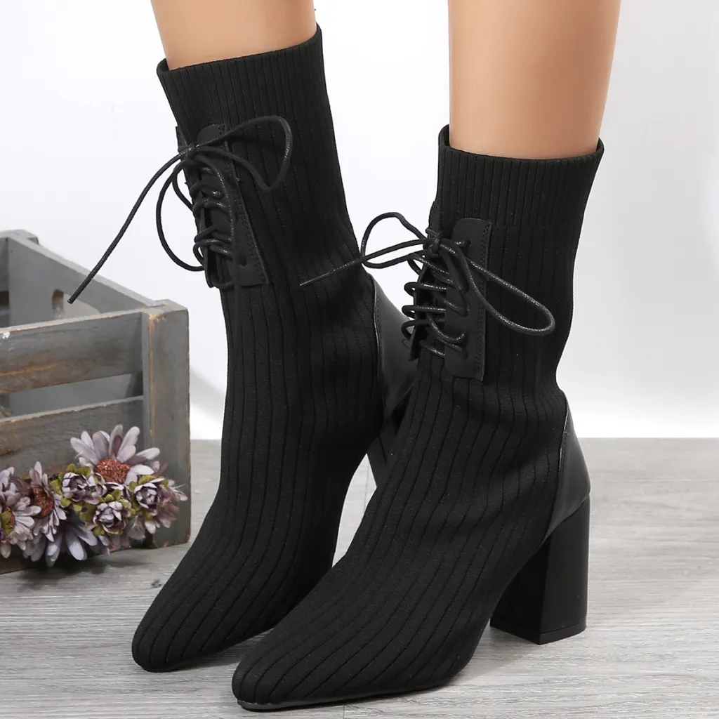 New Flying Woven Surface Pointed-toe Lace High Heels - Black