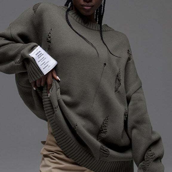 European And American Leisure Ripped Round Neck Sweater For Women Autumn And Winter
