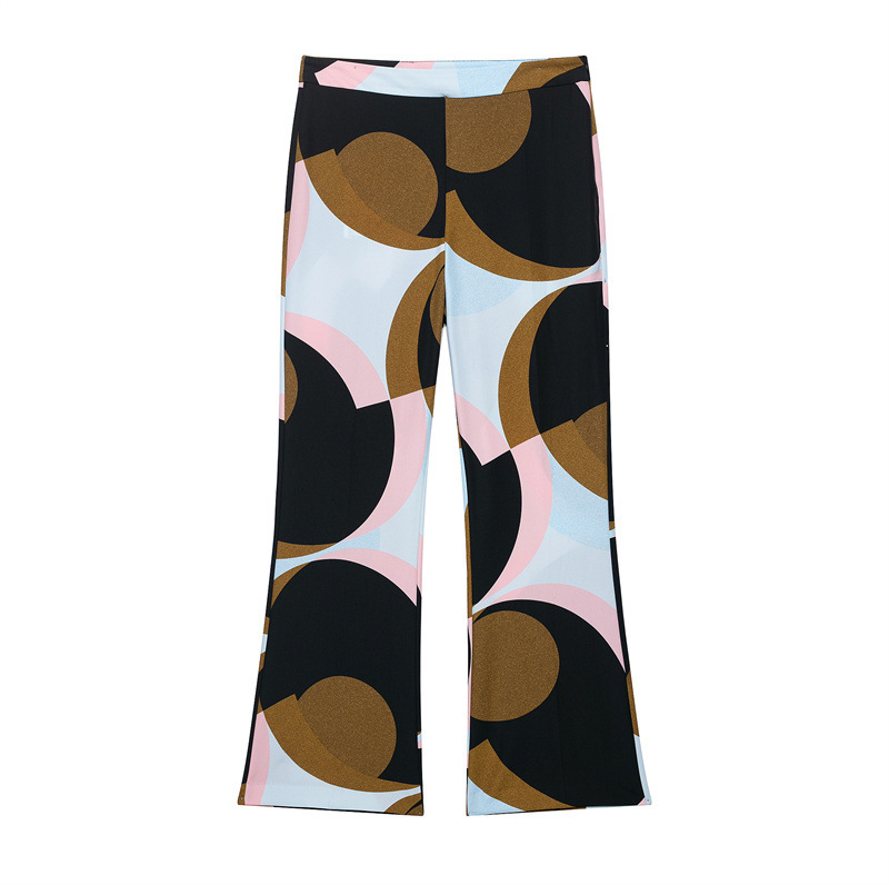 Feather Print Top Geometric Bell-bottom Pants Suit