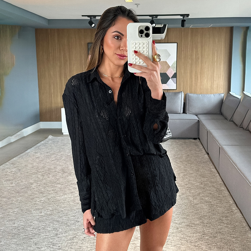 Knitted Jacquard Cardigan And Long-sleeved Shorts Pajama Set