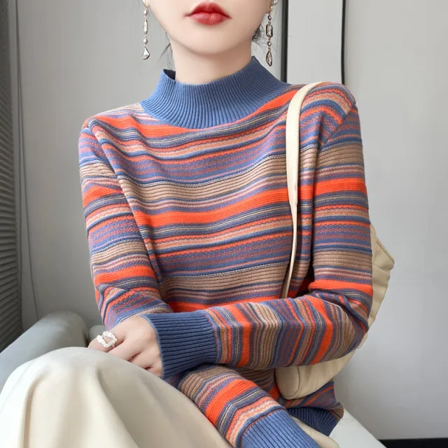 Mock neck Stripes Wool Knitted Pullover Thick Sweater Orange - Shop at LoveMi