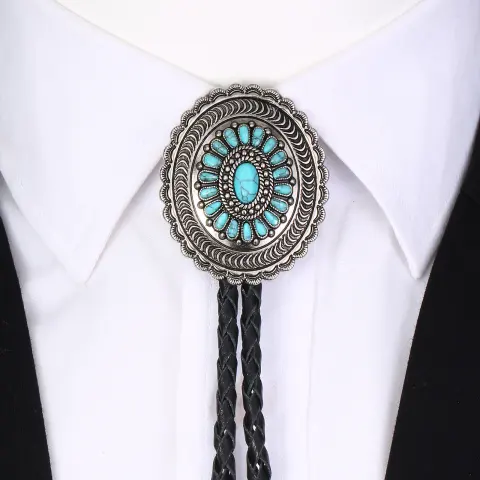 American Indian Western Style Turquoise Carved Bolo Tie