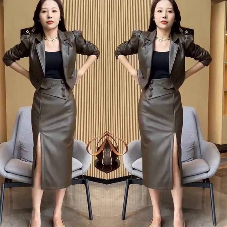 Fashion Leather U Suit Skirt Female Autumn Sweet Cool Style Coat Slimming Slit Skirt