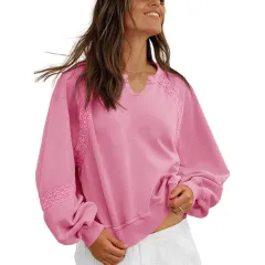 Women's Sweatshirt Casual V-neck Lace Sweater - Bright Pink - View 1