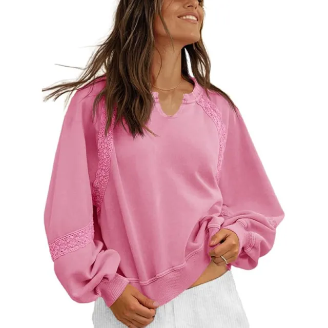 Women's Sweatshirt Casual V neck Lace Sweater Pink - Shop at LoveMi