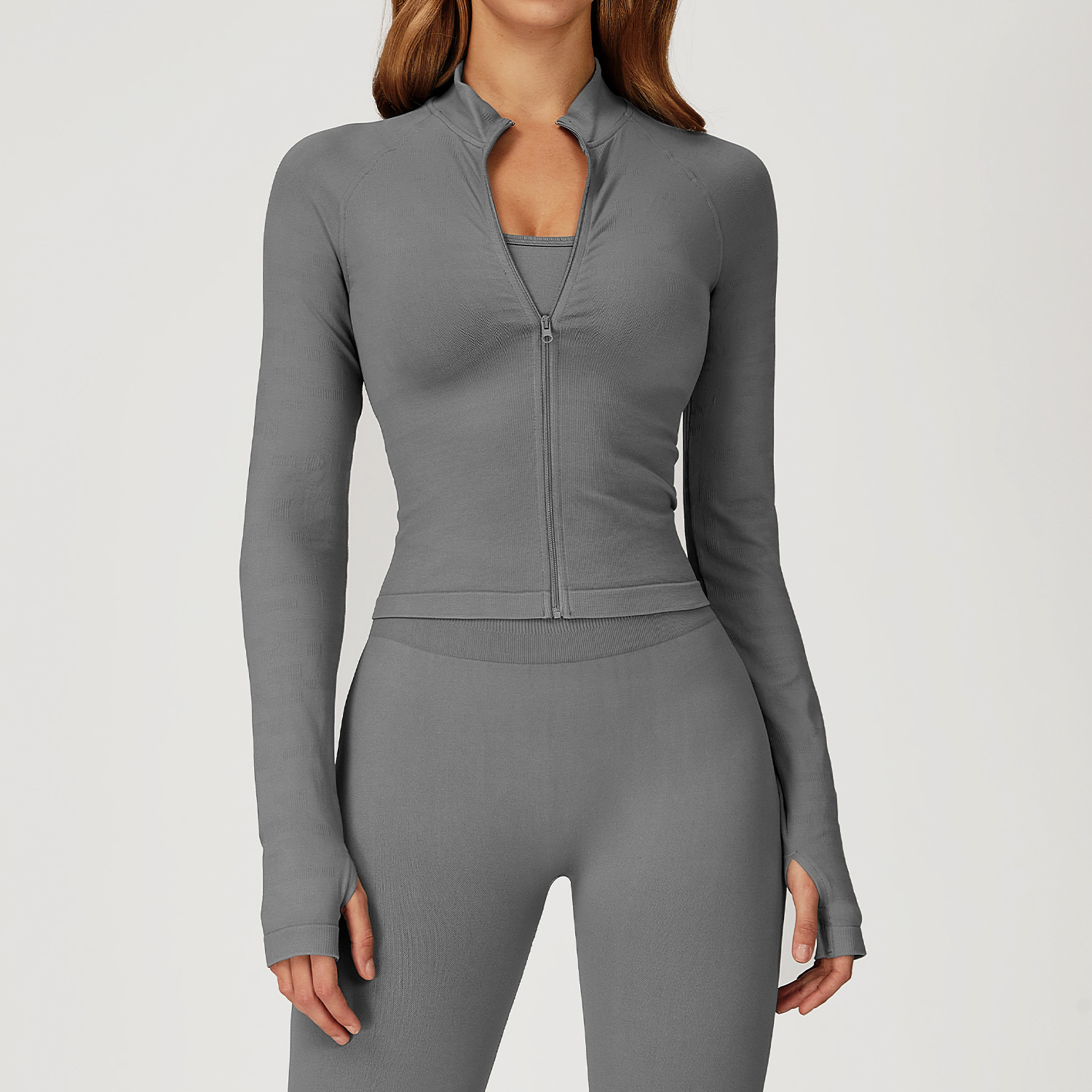 Seamless Stand Collar Zipper Yoga Jacket Windproof Gray - Shop at LoveMi