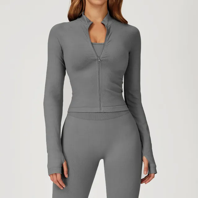 Seamless Stand Collar Zipper Yoga Jacket Windproof Gray - Shop at LoveMi