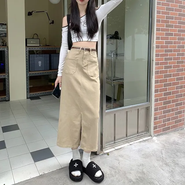 Retro Slit Workwear Skirt Temperament Straight A Line Khaki - Shop at LoveMi