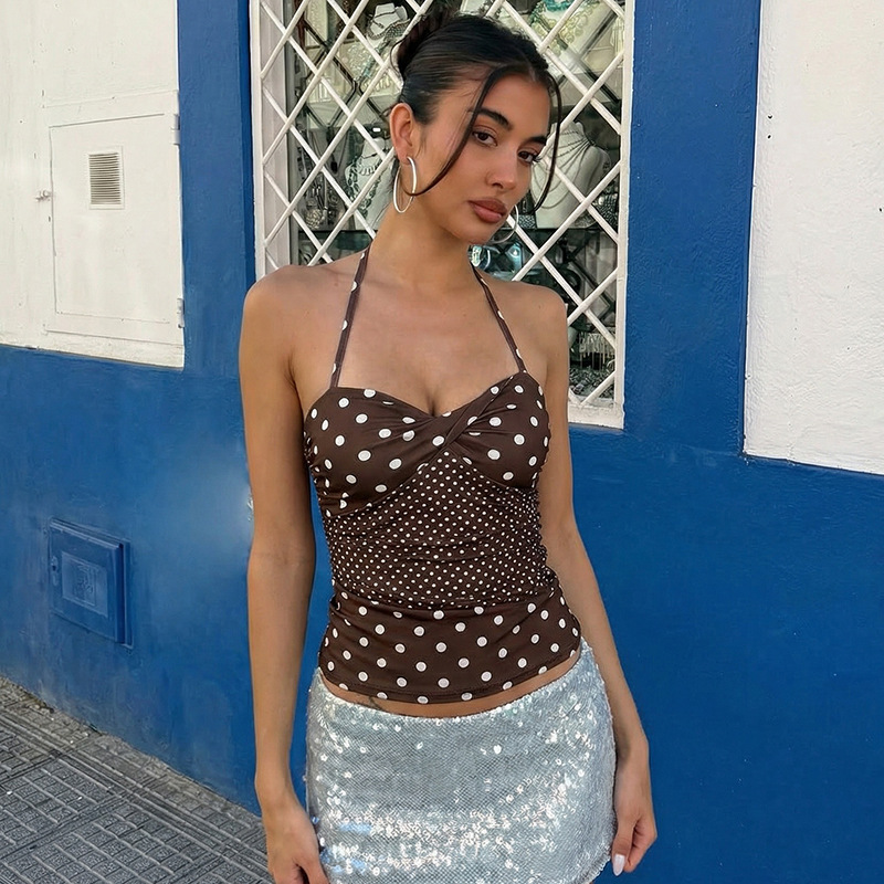Polka-dot Printed Chest-Fitted Ruched Halterneck Waist-Cinching Top For Women