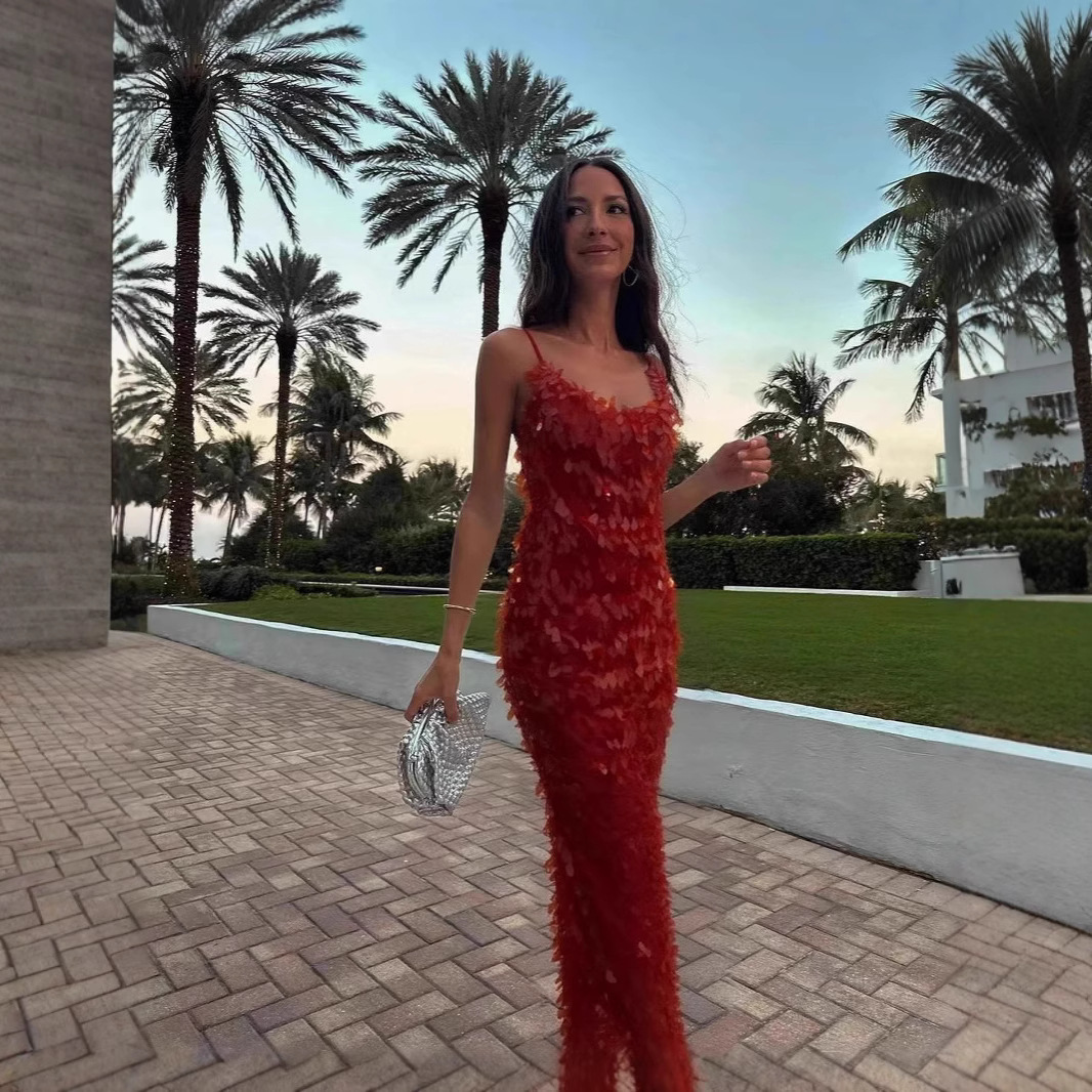 Sling Slim fit Sequined Backless Long Dress Skirt Sexy Pure Desire Red - Shop at LoveMi
