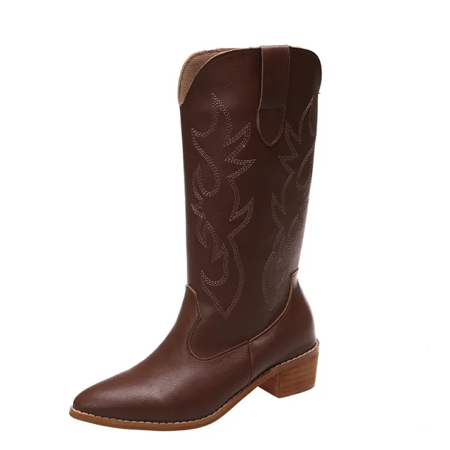 Retro V Cut Below The Knee Knight Boots Mid calf Brown - Shop at LoveMi