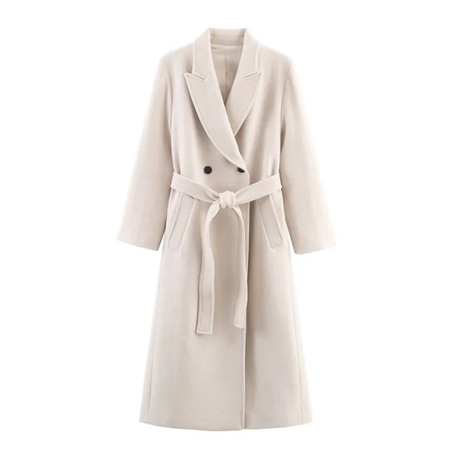 Women's Blend With Belt Long Overcoat Outerwear Beige - Shop at LoveMi