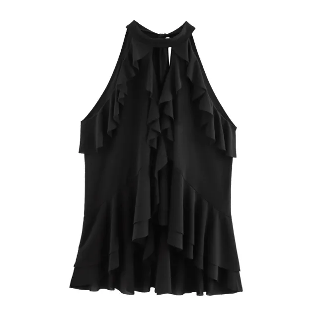 Women's Fashion Laminated Decoration Hanging Collar Top Black - Shop at LoveMi