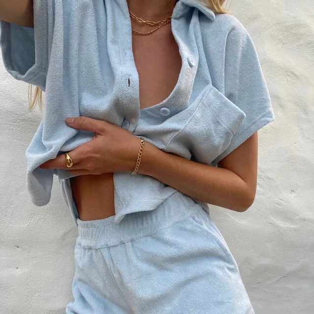 Women's Solid Colored Single Breasted Loose Fitting Fashionable Casual Homewear Set Sky Blue - Shop at LoveMi