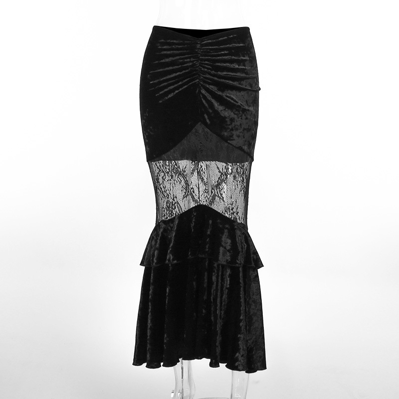 See through Embossed Dress Dark Style Elegant Suede Lace Stitching Skirt Black - Shop at LoveMi