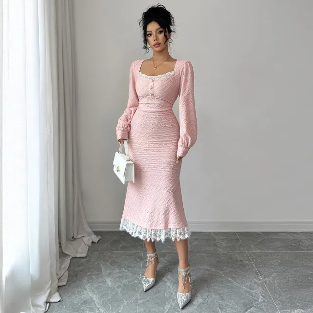 Elegant Button down Long sleeve Bodycon Dress For Women Pink - Shop at LoveMi