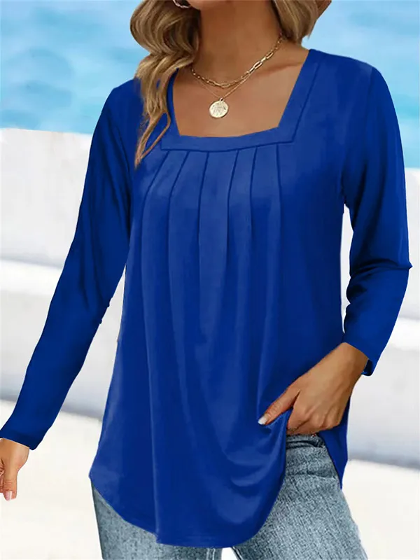 Women's Pleated Square Collar Long Sleeve Imitation Cotton Large Size T-shirt - Blue