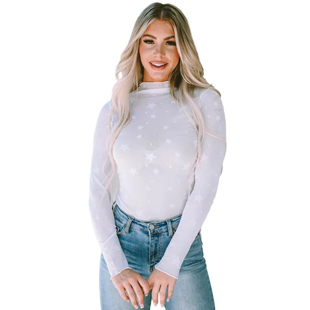 Women's Five pointed Star Printing Sheer Long Sleeve White - Shop at LoveMi
