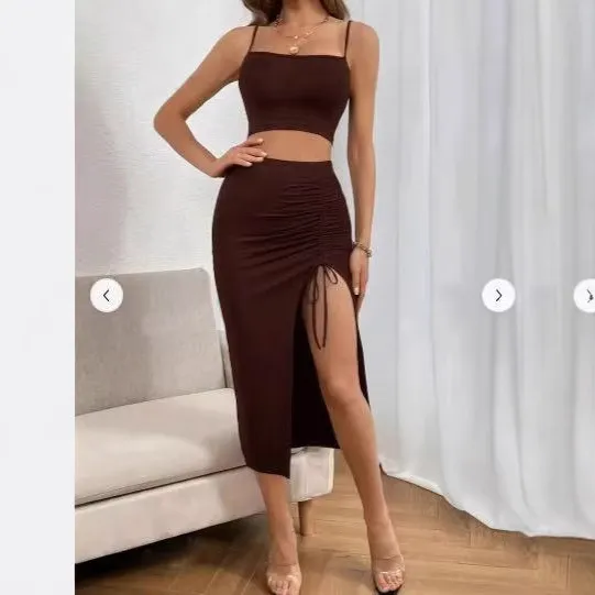 Slim Fit Sleeveless Split Mid-length Dress Set Women - Brown