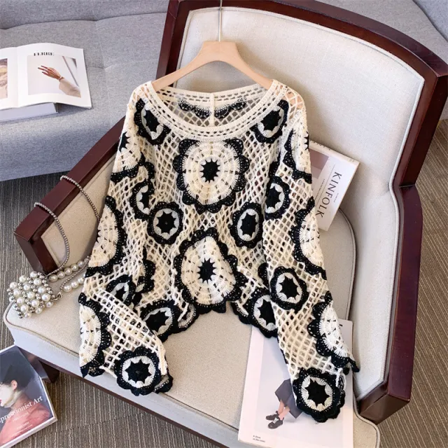 Ankela Red French Crocheted Hollow Sweater Apricot - Shop at LoveMi