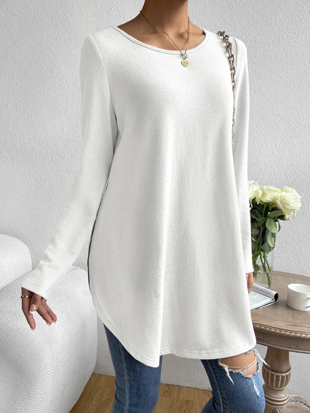Casual Slit On Both Sides Hem Solid Color Round Neck Long Sleeve T shirt White - Shop at LoveMi