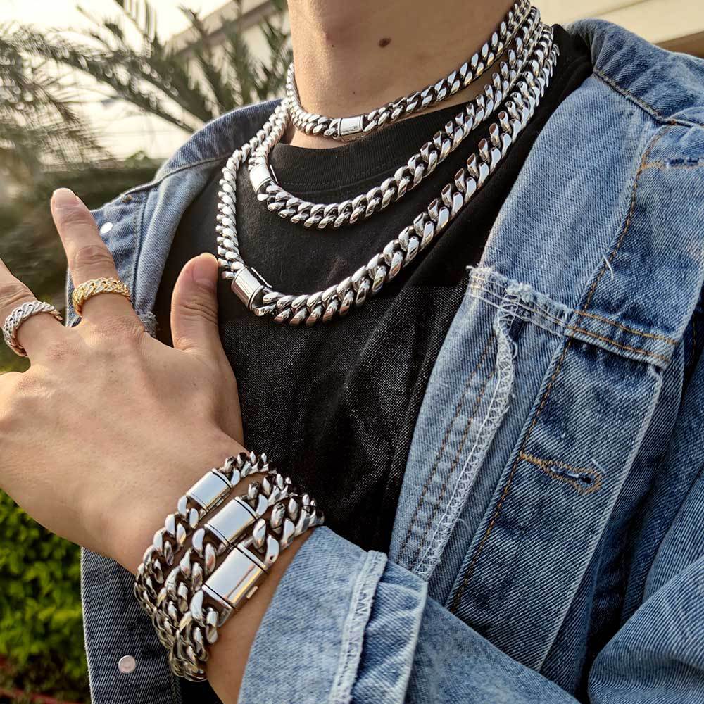 Flip Buckle Stainless Steel Necklace Fashion Brand Hip Hop Round Grinding