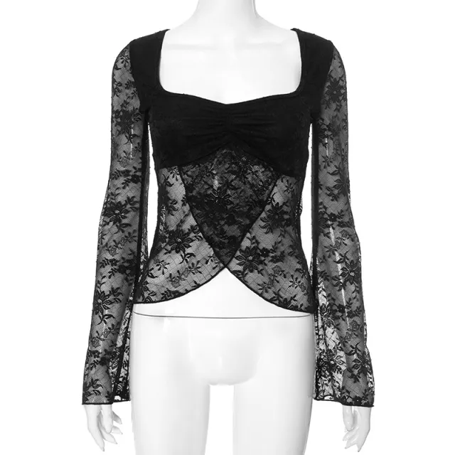 European And American Style Elegant Slim Fit Sexy Style Slit Lace Smock Top Women Black - Shop at LoveMi