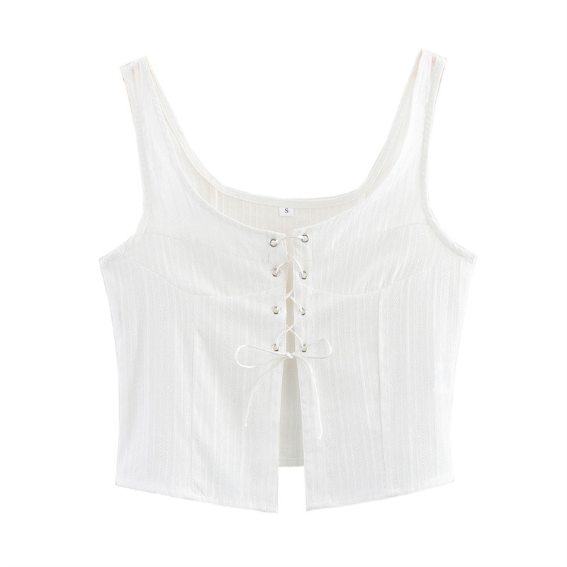 American Style Trendy Solid Color White Strap Top With Rope Sleeveless Short
