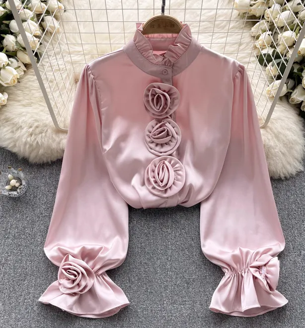 Flower Long Sleeve Casual Shirt Spring New Loose Slimming Pink - Shop at LoveMi