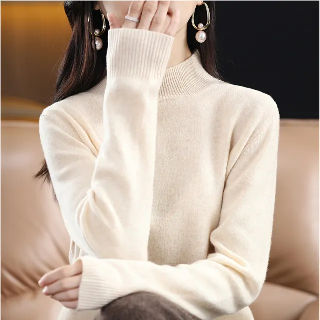 Loose Slimming Thickened New Wool Women's Half Turtleneck Knitted Sweater Beige - Shop at LoveMi