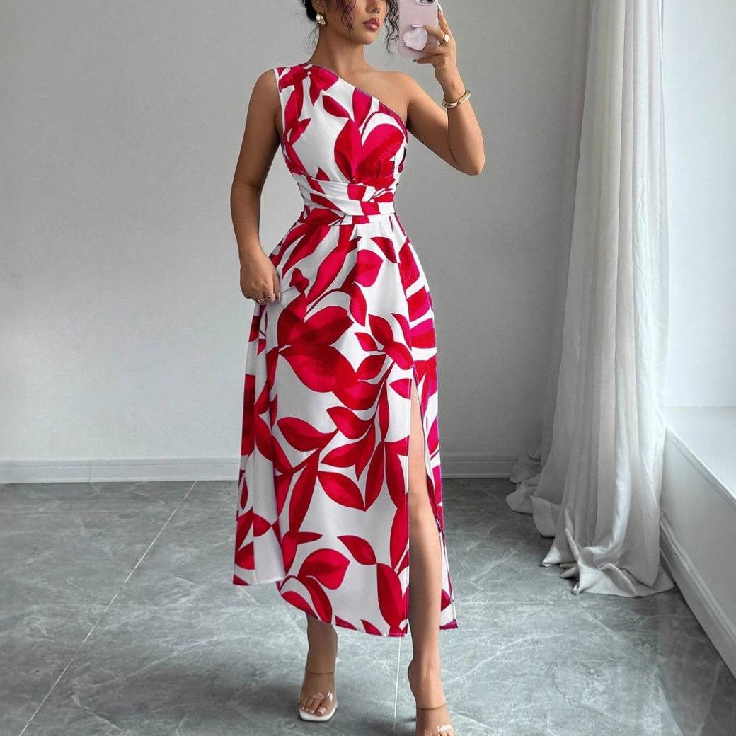Womens Printed Off-the-Shoulder Slit Dress