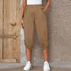 Fashion Cropped Trousers With An Elasticated Waist Women - Khaki - View 1
