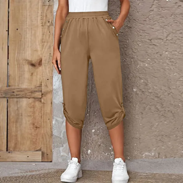 Fashion Cropped Trousers With An Elasticated Waist Women Khaki - Shop at LoveMi
