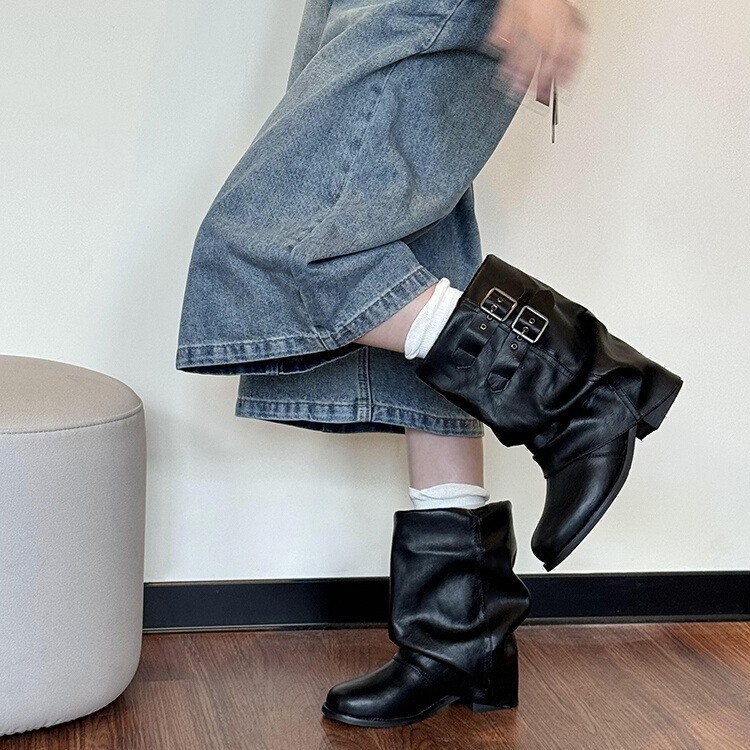 Genuine Leather Black Chunky-sole Ankle Boots