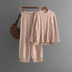 Plus Size Women's Clothing Cable-knit Pullover Sweater Suit - Pink - View 1