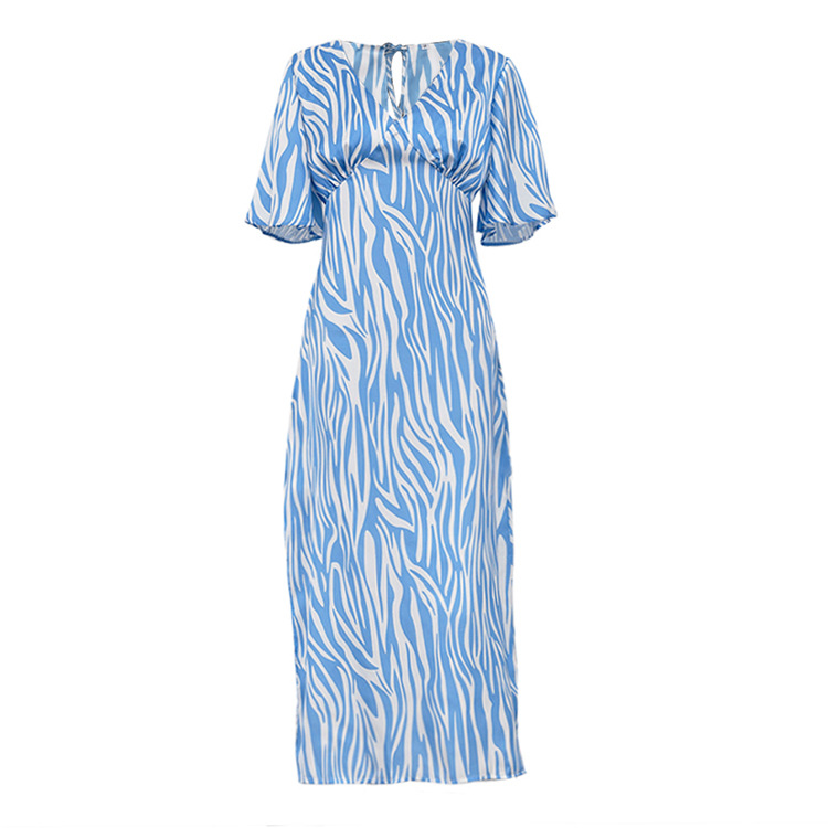 Short Sleeve Satin Temperament Printed Long Dress